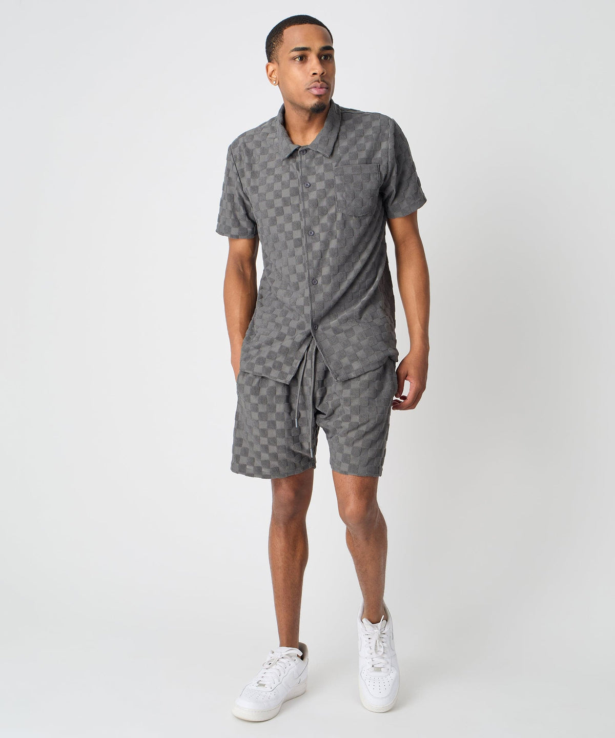 Reason Clothing Everyday | Checkerboard Viscose Button-Down Shirt - Grey