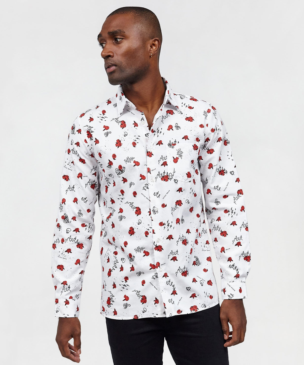 Reason Clothing Smart Buy | Skulls & Roses Long Sleeve Oxford Short