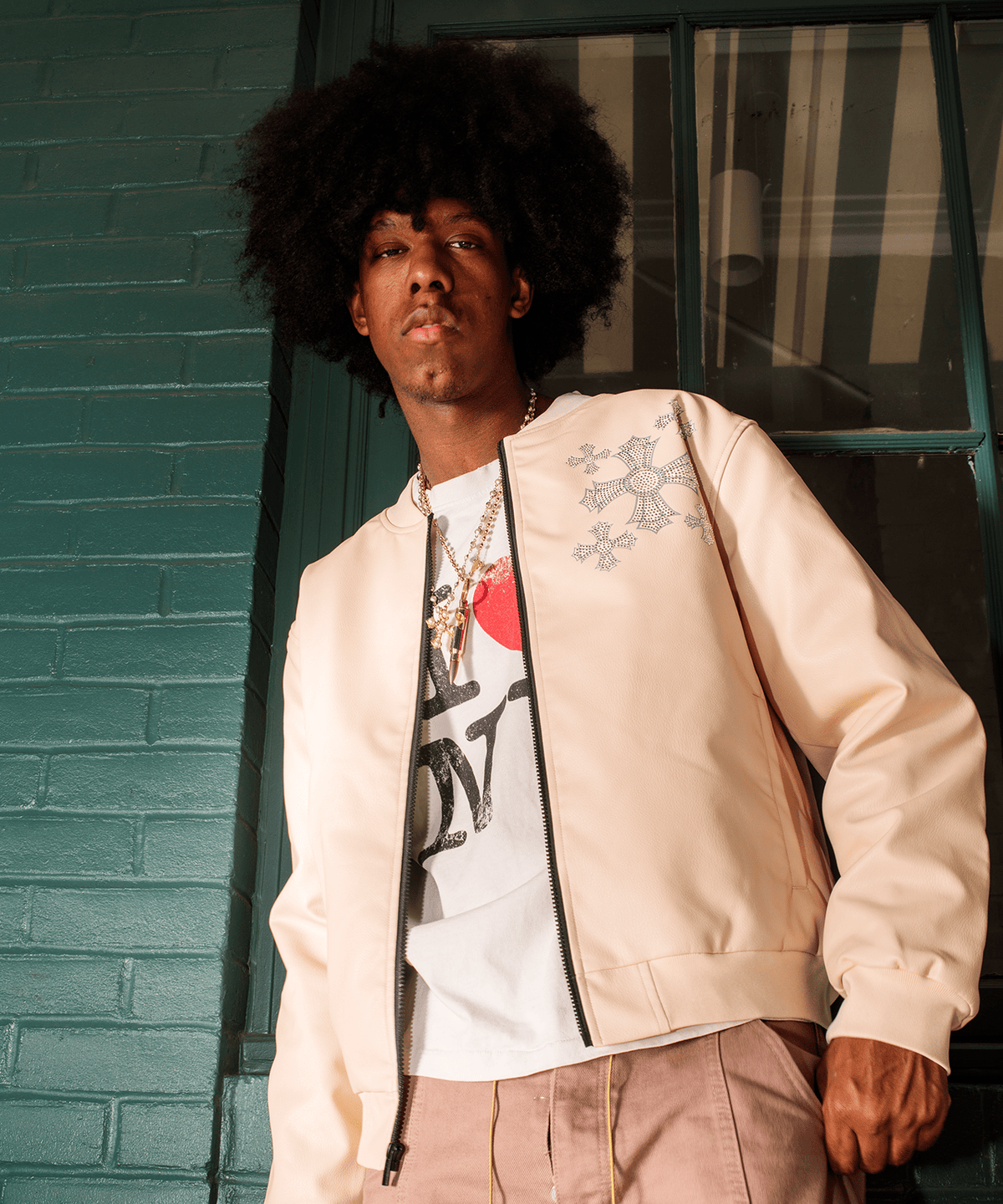 Reason Clothing Best Price | Crossed Faux PU Leather Bomber Jacket - Cream