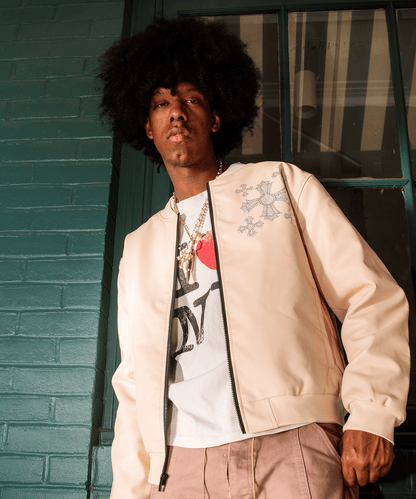 Reason Clothing Best Price | Crossed Faux PU Leather Bomber Jacket - Cream