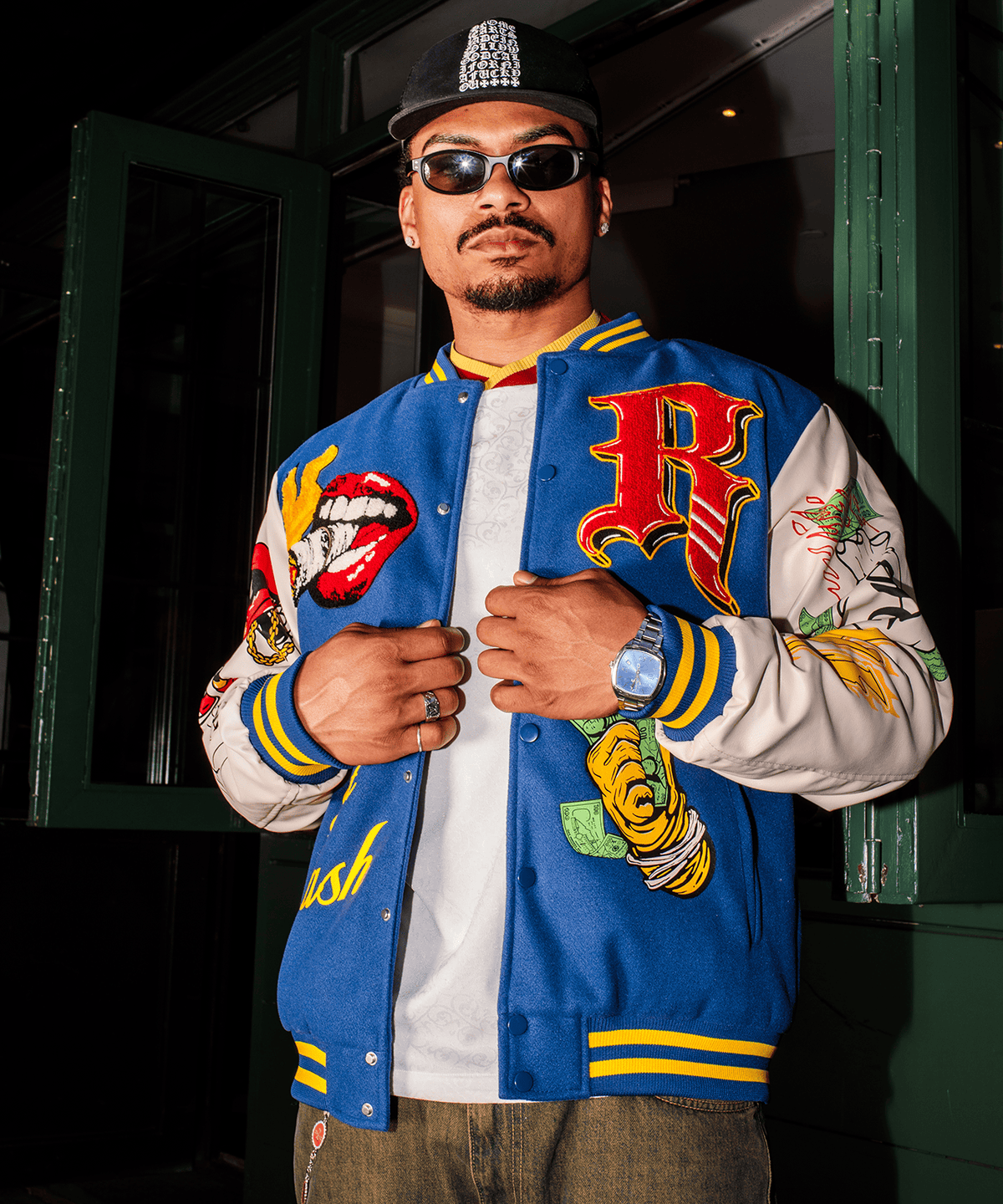 Reason Clothing Featured | Money Varsity Faux Leather Sleeve Jacket - Blue