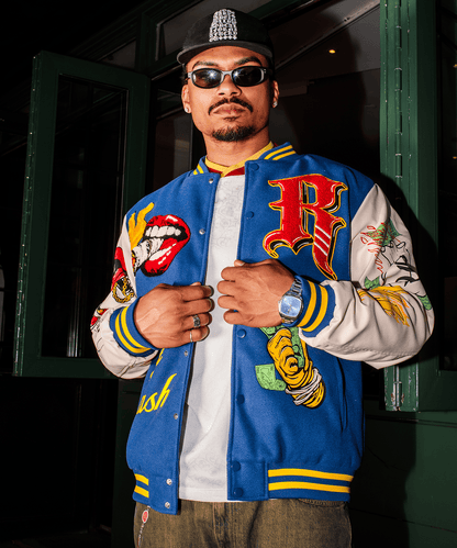Reason Clothing Featured | Money Varsity Faux Leather Sleeve Jacket - Blue