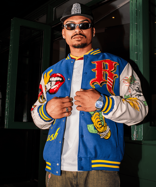Reason Clothing Featured | Money Varsity Faux Leather Sleeve Jacket - Blue