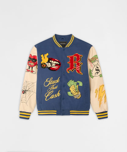 Reason Clothing Featured | Money Varsity Faux Leather Sleeve Jacket - Blue