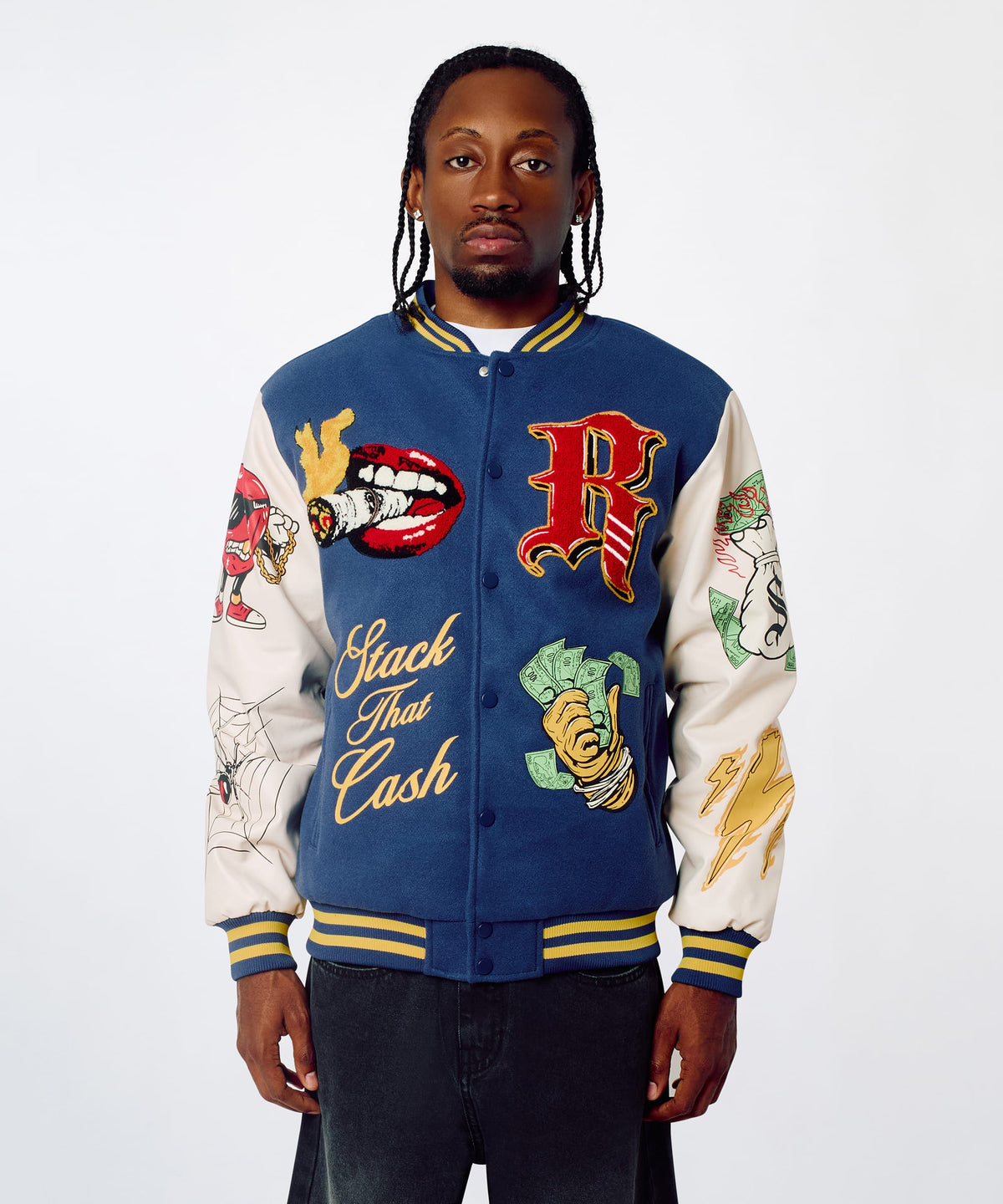 Reason Clothing Featured | Money Varsity Faux Leather Sleeve Jacket - Blue