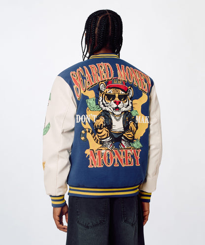 Reason Clothing Featured | Money Varsity Faux Leather Sleeve Jacket - Blue