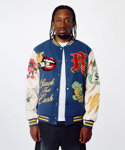 Reason Clothing Featured | Money Varsity Faux Leather Sleeve Jacket - Blue