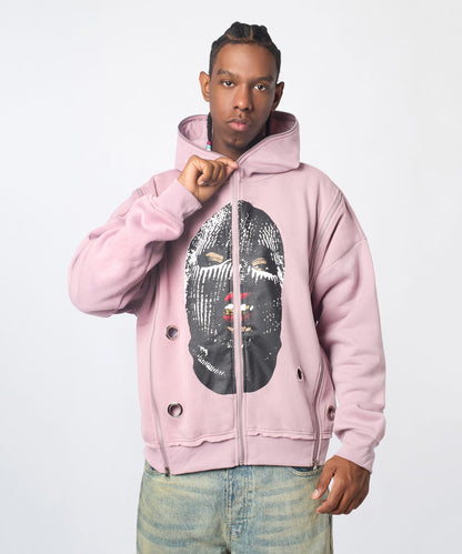 Reason Clothing Signature | Ski Mask Multi Zip Eyelet FZ Hoodie - Pink