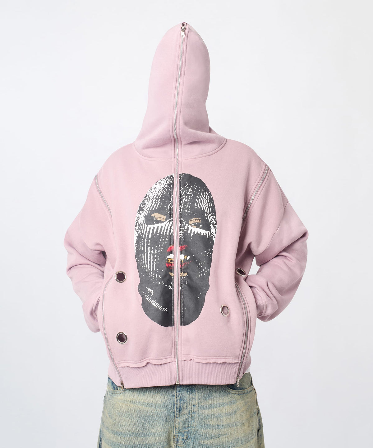 Reason Clothing Signature | Ski Mask Multi Zip Eyelet FZ Hoodie - Pink