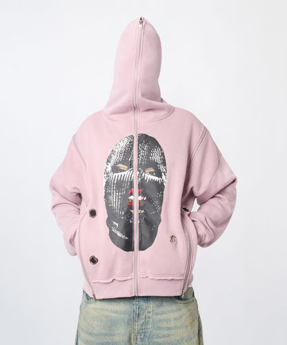 Reason Clothing Signature | Ski Mask Multi Zip Eyelet FZ Hoodie - Pink