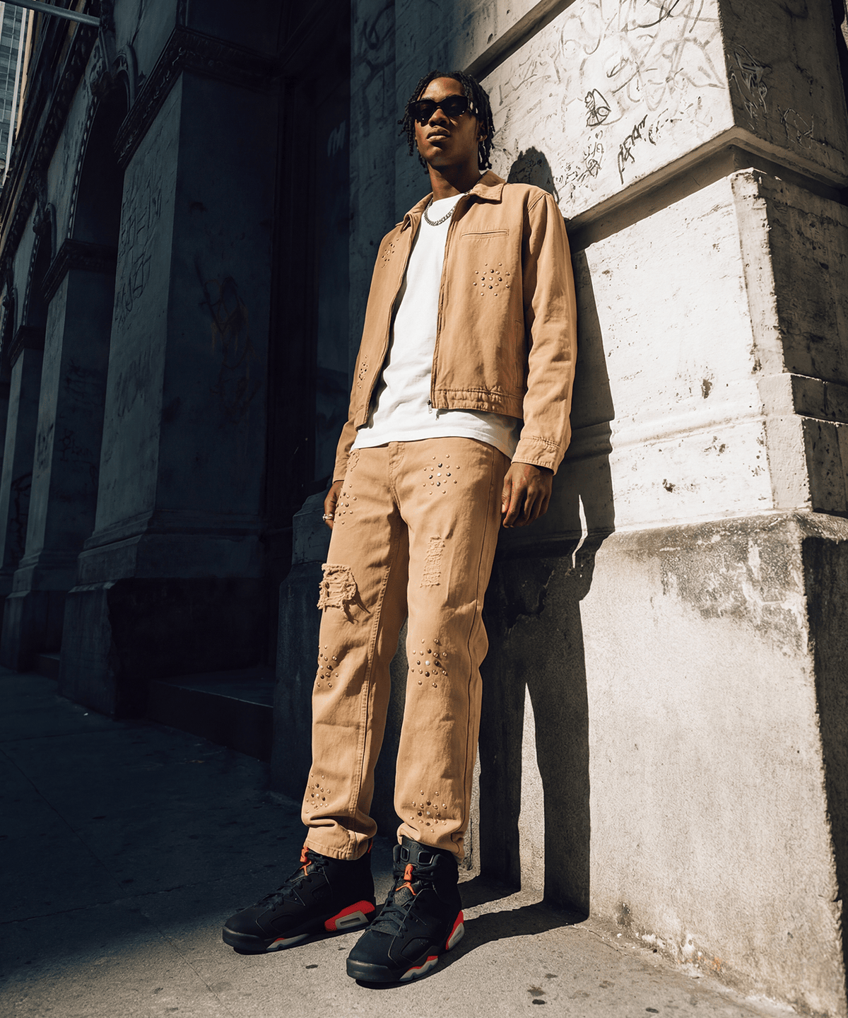 Reason Clothing Featured | Constellation Studded Distressed Denim Jeans - Khaki