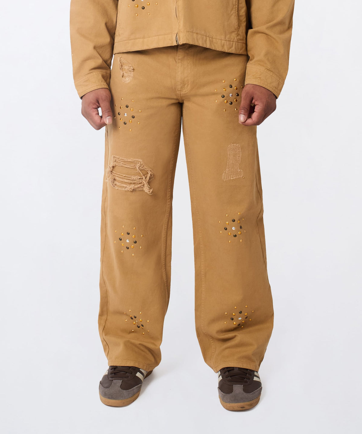 Reason Clothing Featured | Constellation Studded Distressed Denim Jeans - Khaki