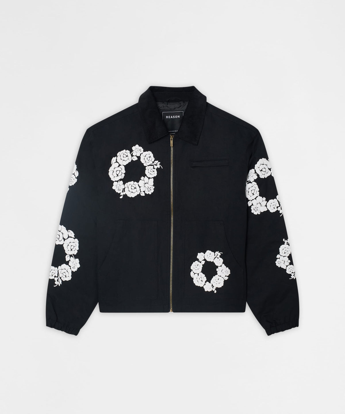 Reason Clothing Sale | Floral Wreath Collared Workwear Jacket - Black