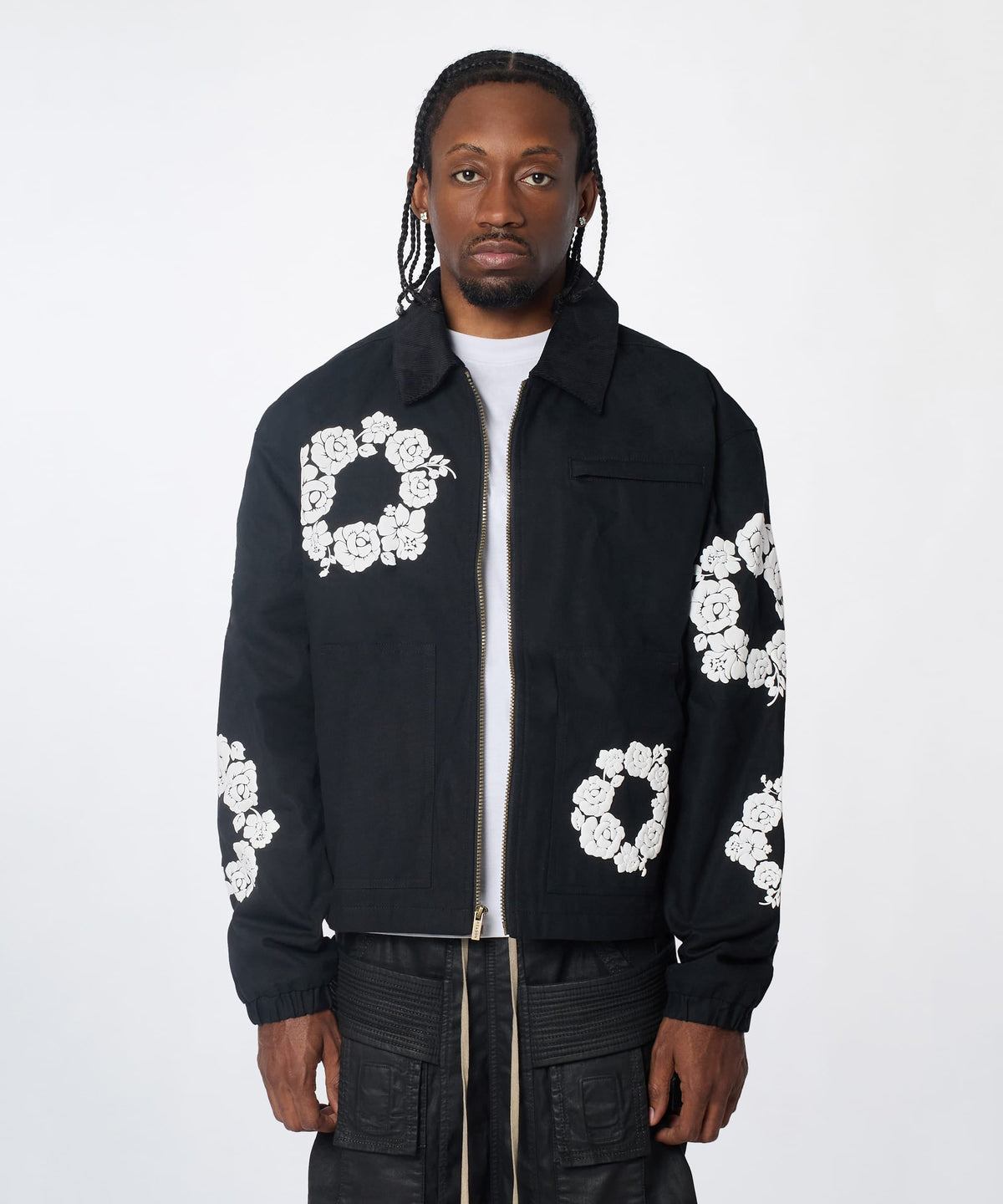 Reason Clothing Sale | Floral Wreath Collared Workwear Jacket - Black