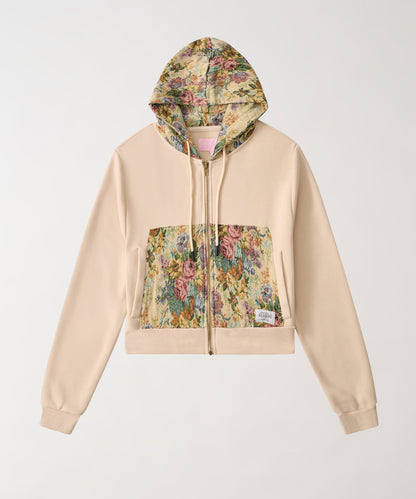 Reason Clothing Smart Buy | Women Floral Tapestry Graphic Zip Up Hoodie - Khaki