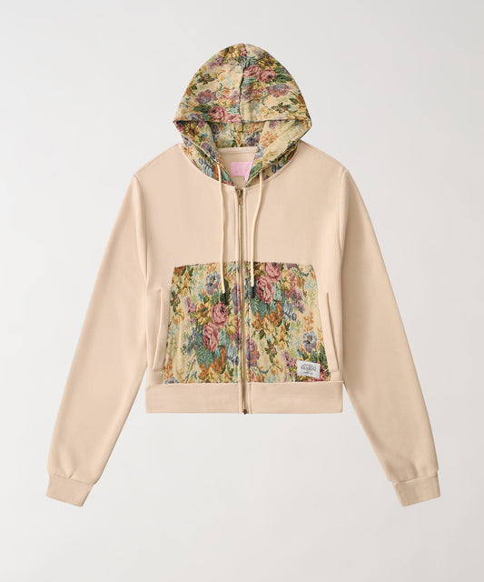 Reason Clothing Smart Buy | Women Floral Tapestry Graphic Zip Up Hoodie - Khaki