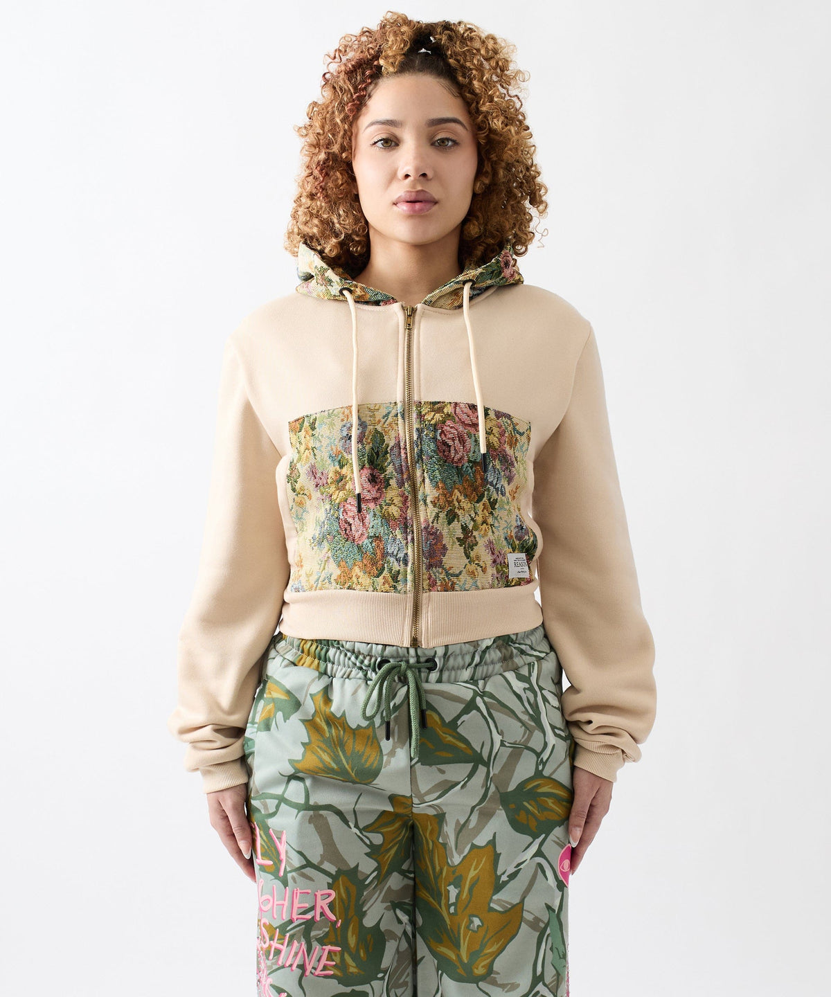 Reason Clothing Smart Buy | Women Floral Tapestry Graphic Zip Up Hoodie - Khaki