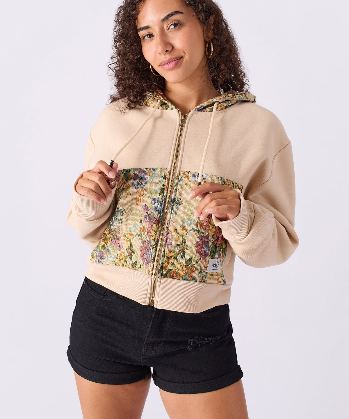 Reason Clothing Smart Buy | Women Floral Tapestry Graphic Zip Up Hoodie - Khaki