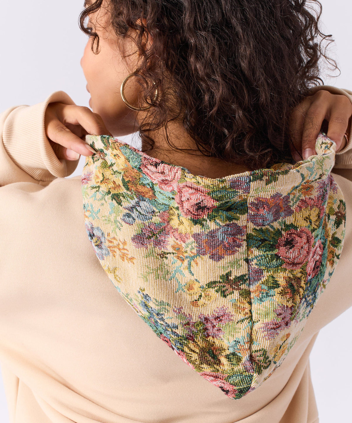 Reason Clothing Smart Buy | Women Floral Tapestry Graphic Zip Up Hoodie - Khaki