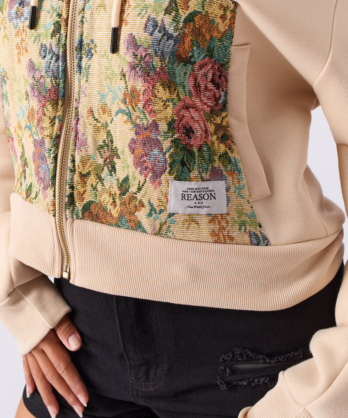Reason Clothing Smart Buy | Women Floral Tapestry Graphic Zip Up Hoodie - Khaki