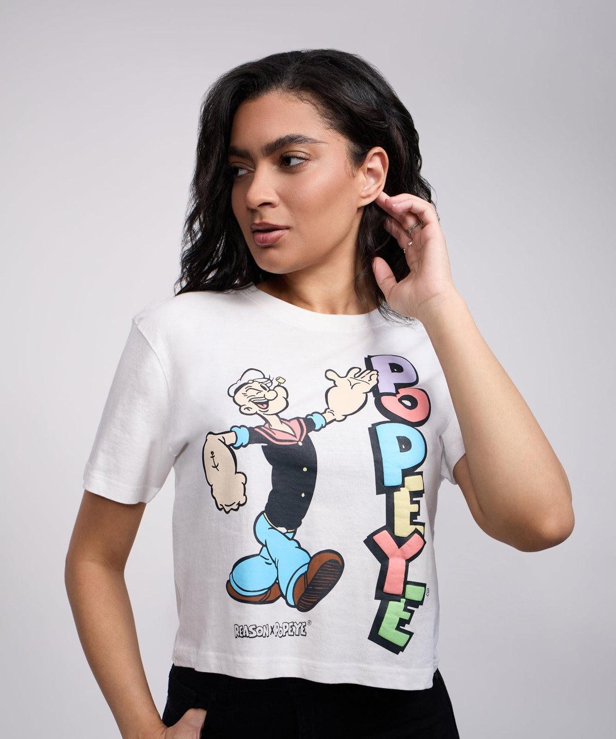Reason Clothing Sale | Popeye Logo Women's Graphic Cropped Short Sleeve Tee - White