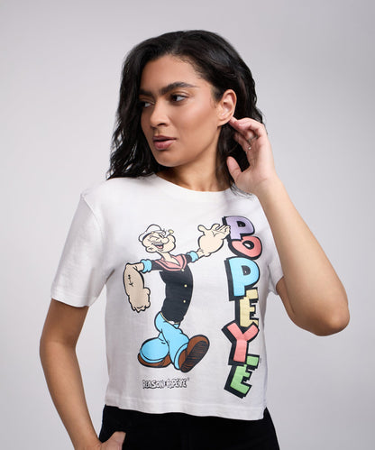 Reason Clothing Sale | Popeye Logo Women's Graphic Cropped Short Sleeve Tee - White