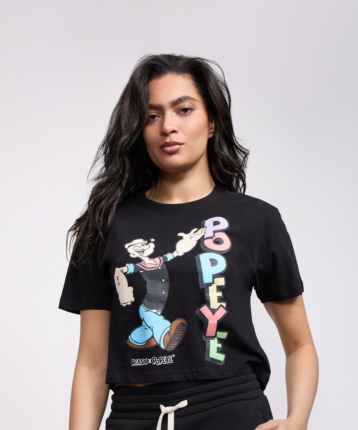 Reason Clothing Value | Popeye Classic Women's Graphic Short Sleeve Cropped Tee - Black