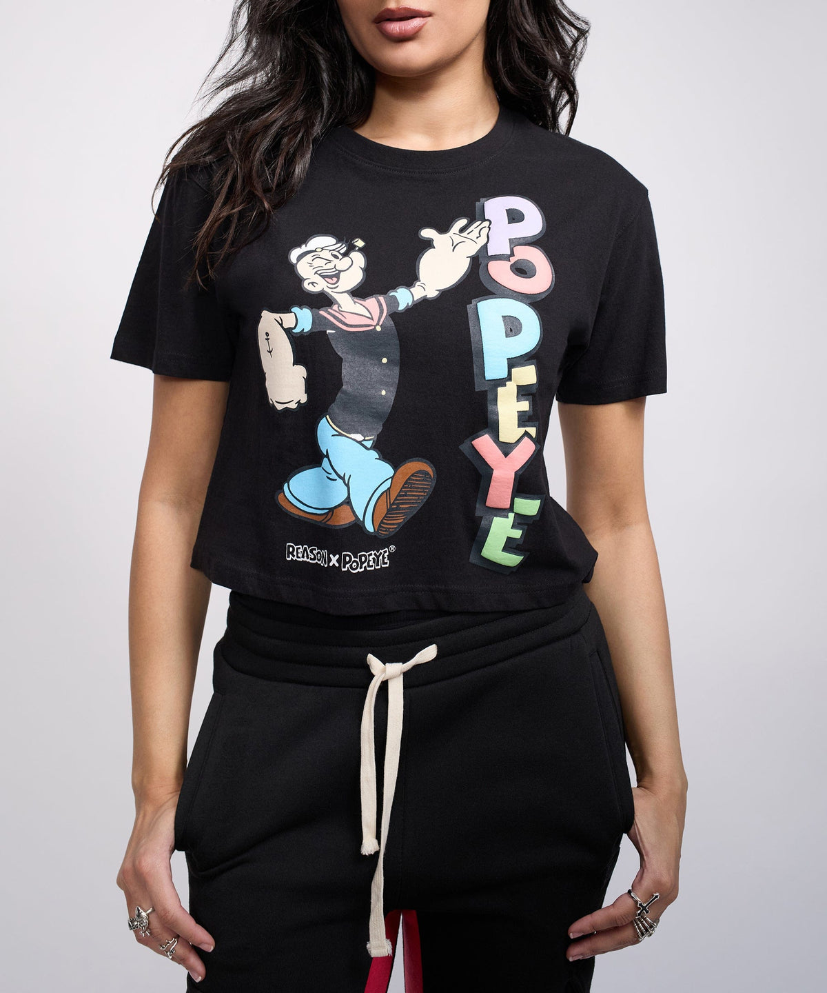 Reason Clothing Value | Popeye Classic Women's Graphic Short Sleeve Cropped Tee - Black