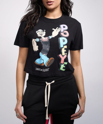Reason Clothing Value | Popeye Classic Women's Graphic Short Sleeve Cropped Tee - Black