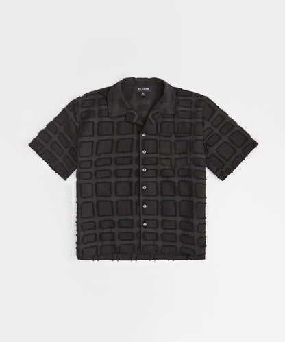 Reason Clothing Classic | Grid Kid's Textured Button Down Short Sleeve Shirt - Black