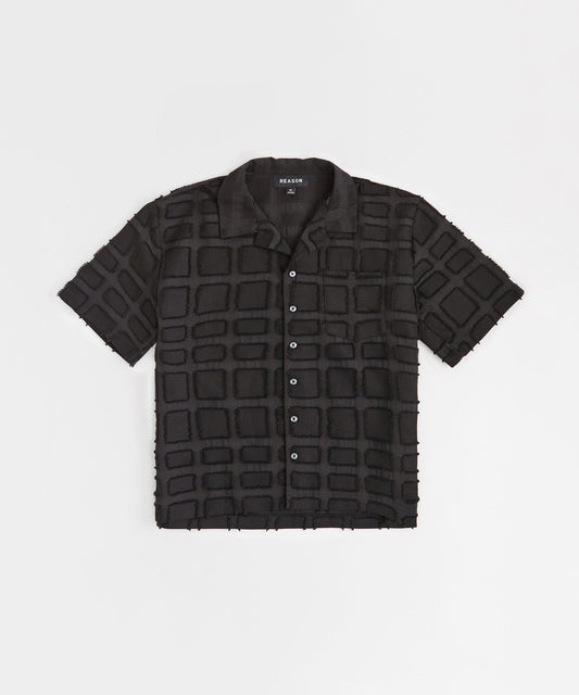 Reason Clothing Classic | Grid Kid's Textured Button Down Short Sleeve Shirt - Black
