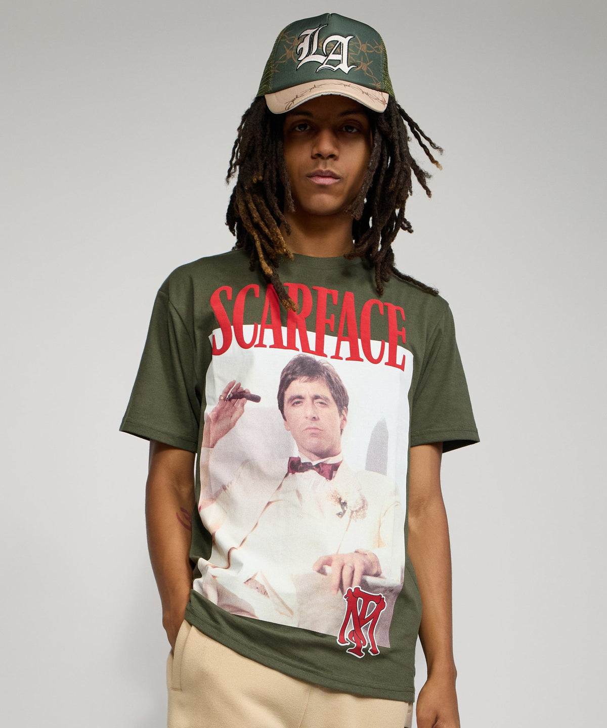 Reason Clothing Premium | Scarface White Suit Short Sleeve Tee - Olive Green