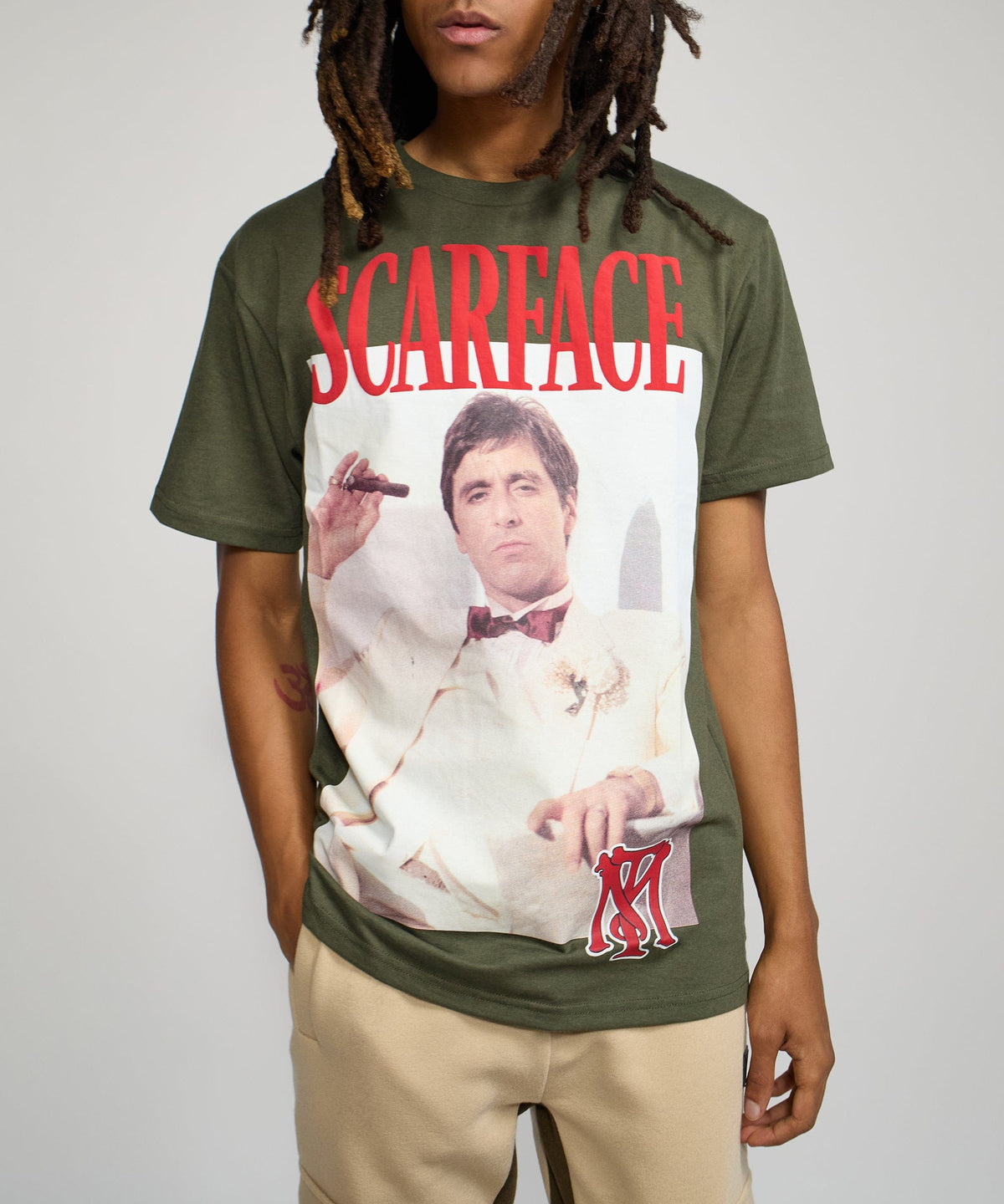 Reason Clothing Premium | Scarface White Suit Short Sleeve Tee - Olive Green