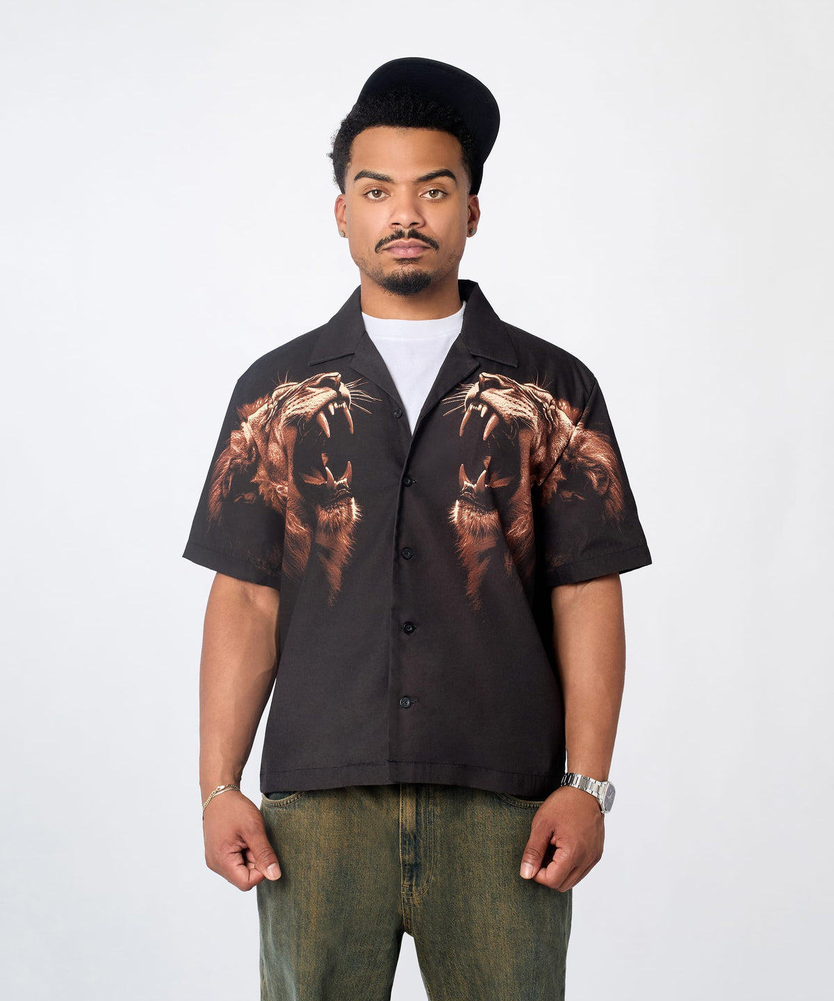 Reason Clothing Essential | King's Roar Viscose Button Down Short Sleeve Shirt - Black