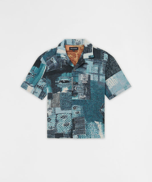 Reason Clothing Special Offer | Mosaic Tapestry Button Down Short Sleeve Knit Shirt - Blue