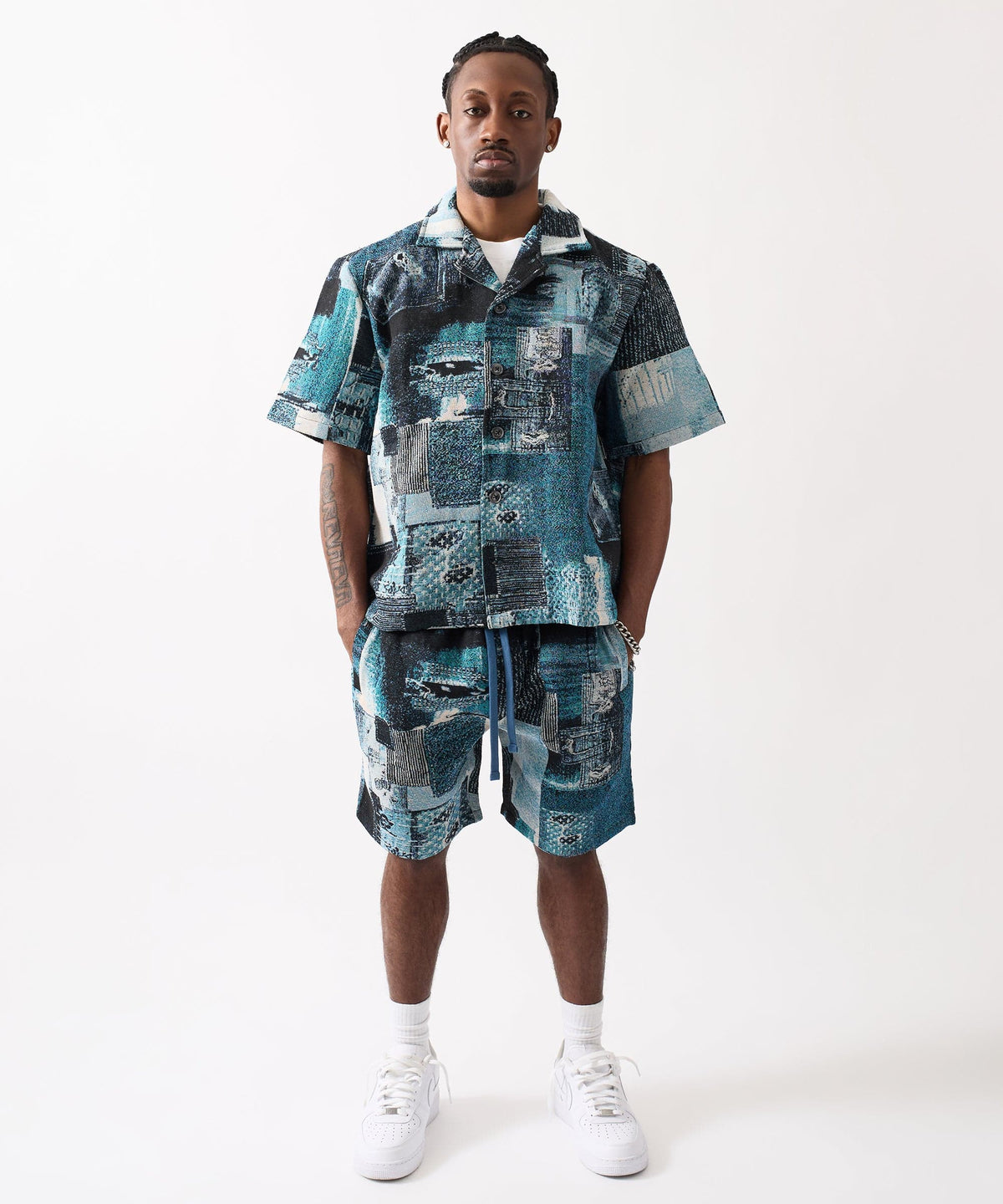 Reason Clothing Special Offer | Mosaic Tapestry Button Down Short Sleeve Knit Shirt - Blue