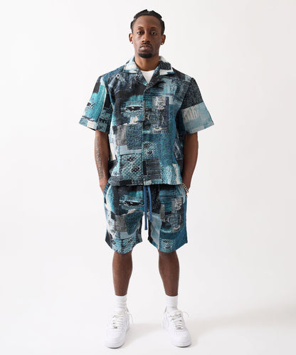 Reason Clothing Special Offer | Mosaic Tapestry Button Down Short Sleeve Knit Shirt - Blue