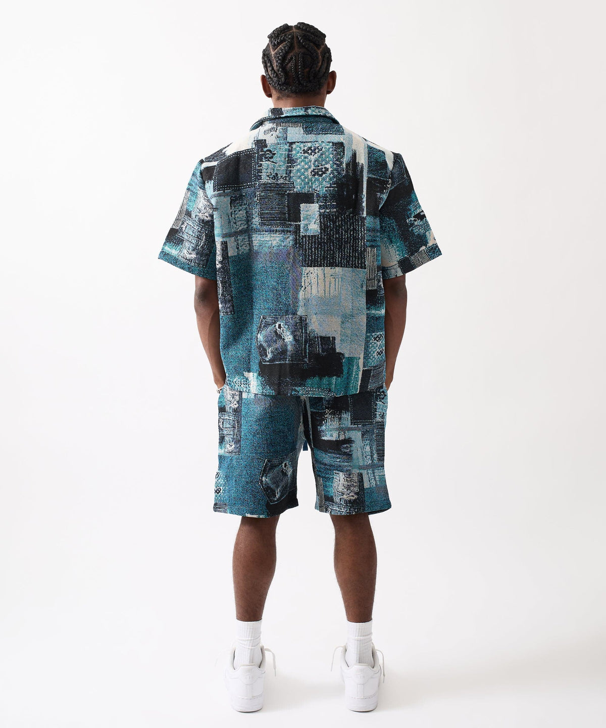 Reason Clothing Special Offer | Mosaic Tapestry Button Down Short Sleeve Knit Shirt - Blue