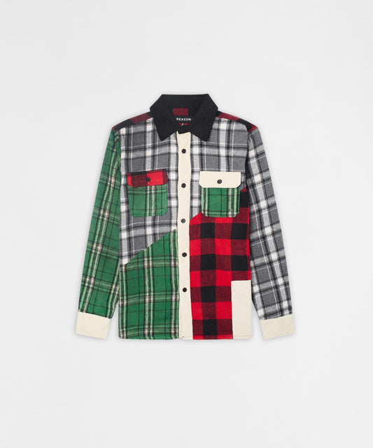 Reason Clothing Trending | Patchwork Plaid Button Down Long Sleeve Shirt - Multicolor