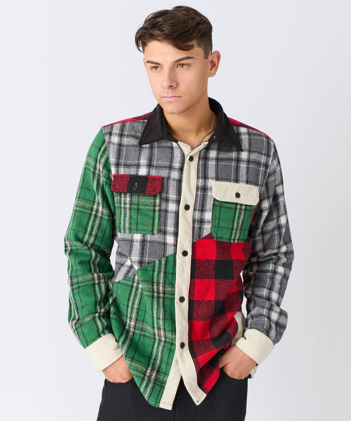 Reason Clothing Trending | Patchwork Plaid Button Down Long Sleeve Shirt - Multicolor