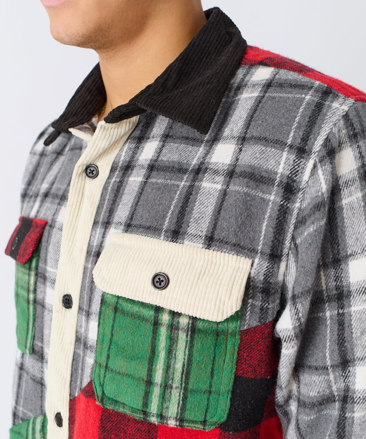Reason Clothing Trending | Patchwork Plaid Button Down Long Sleeve Shirt - Multicolor