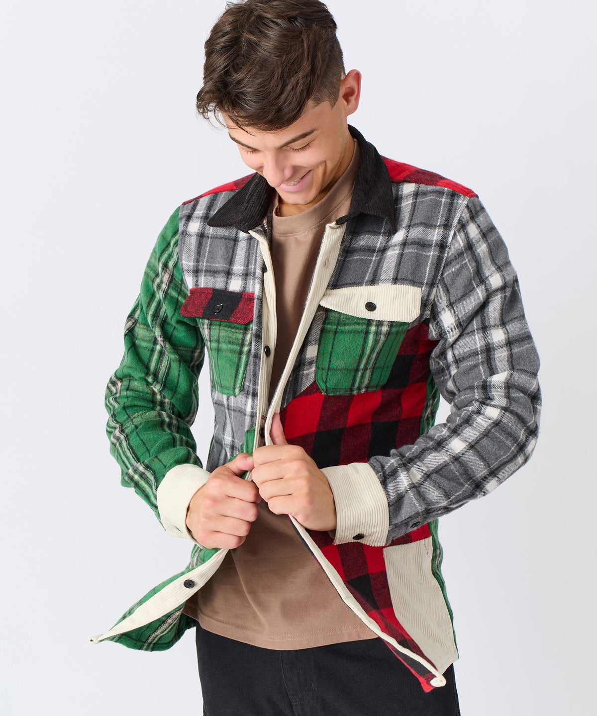 Reason Clothing Trending | Patchwork Plaid Button Down Long Sleeve Shirt - Multicolor