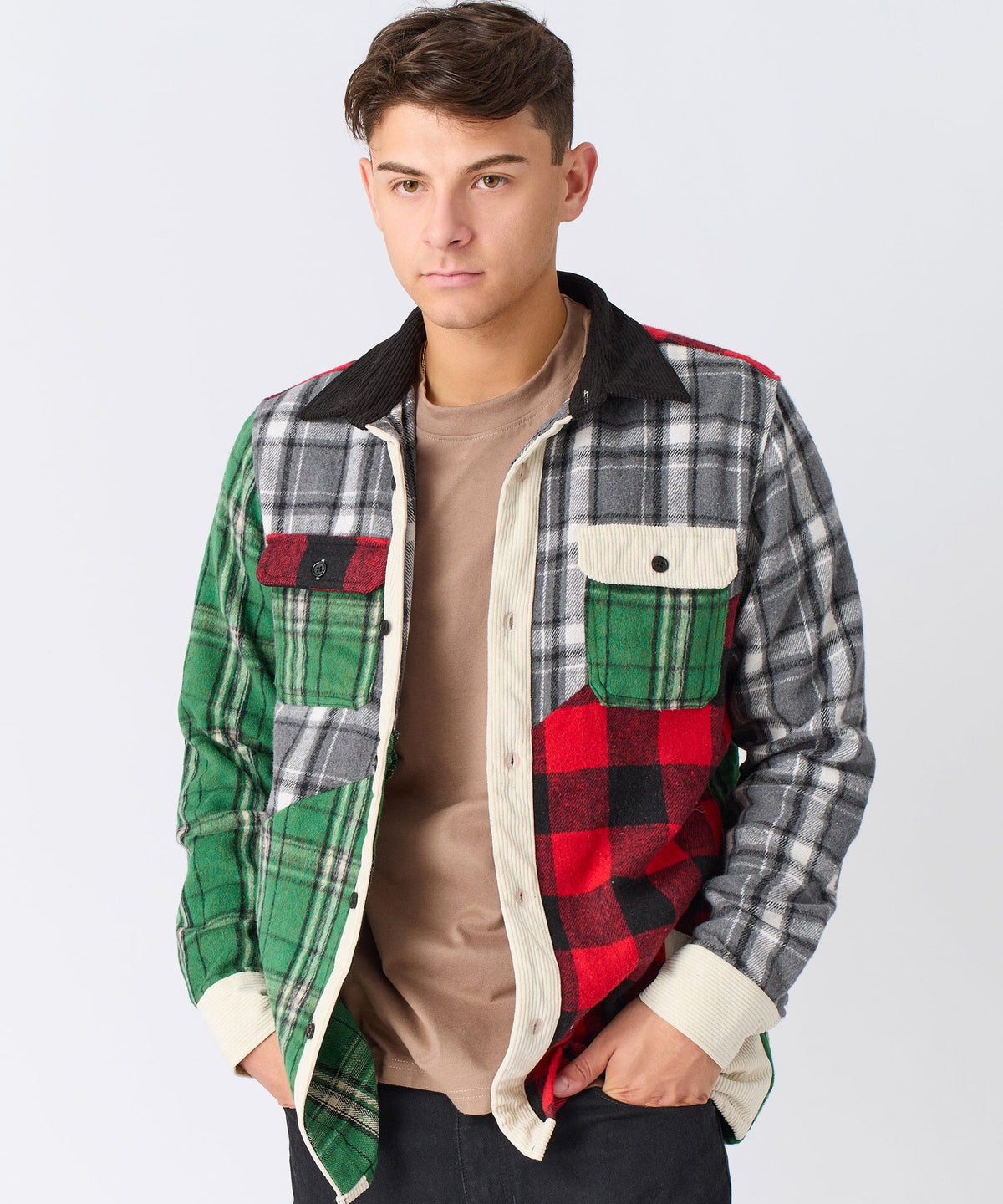 Reason Clothing Trending | Patchwork Plaid Button Down Long Sleeve Shirt - Multicolor