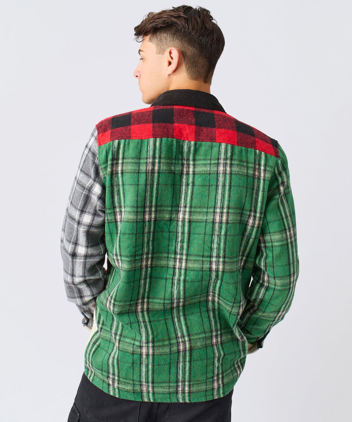 Reason Clothing Trending | Patchwork Plaid Button Down Long Sleeve Shirt - Multicolor