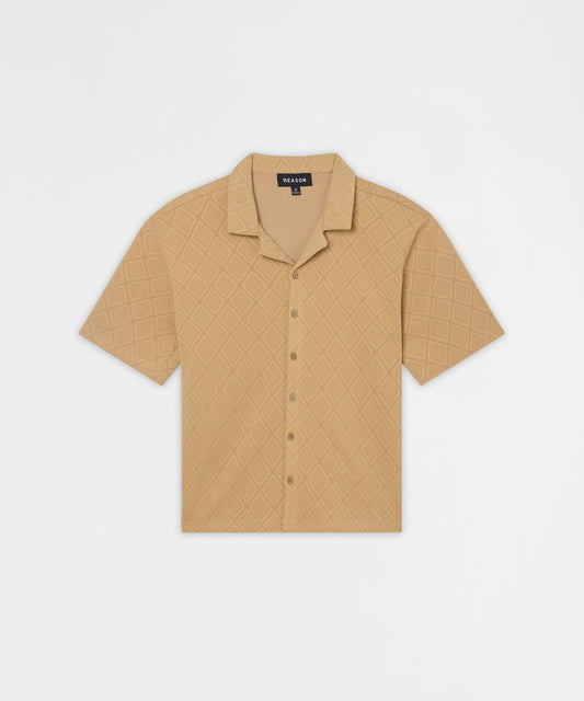 Reason Clothing Latest | Diamond Pattern Textured Knit Button-Down Shirt - Taupe