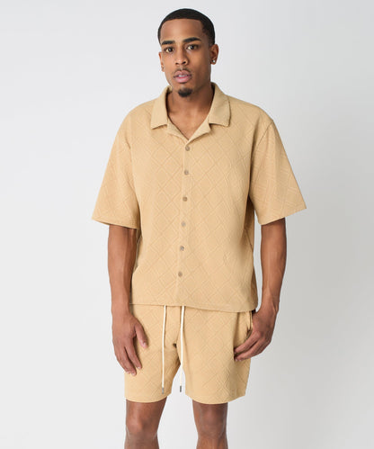 Reason Clothing Latest | Diamond Pattern Textured Knit Button-Down Shirt - Taupe