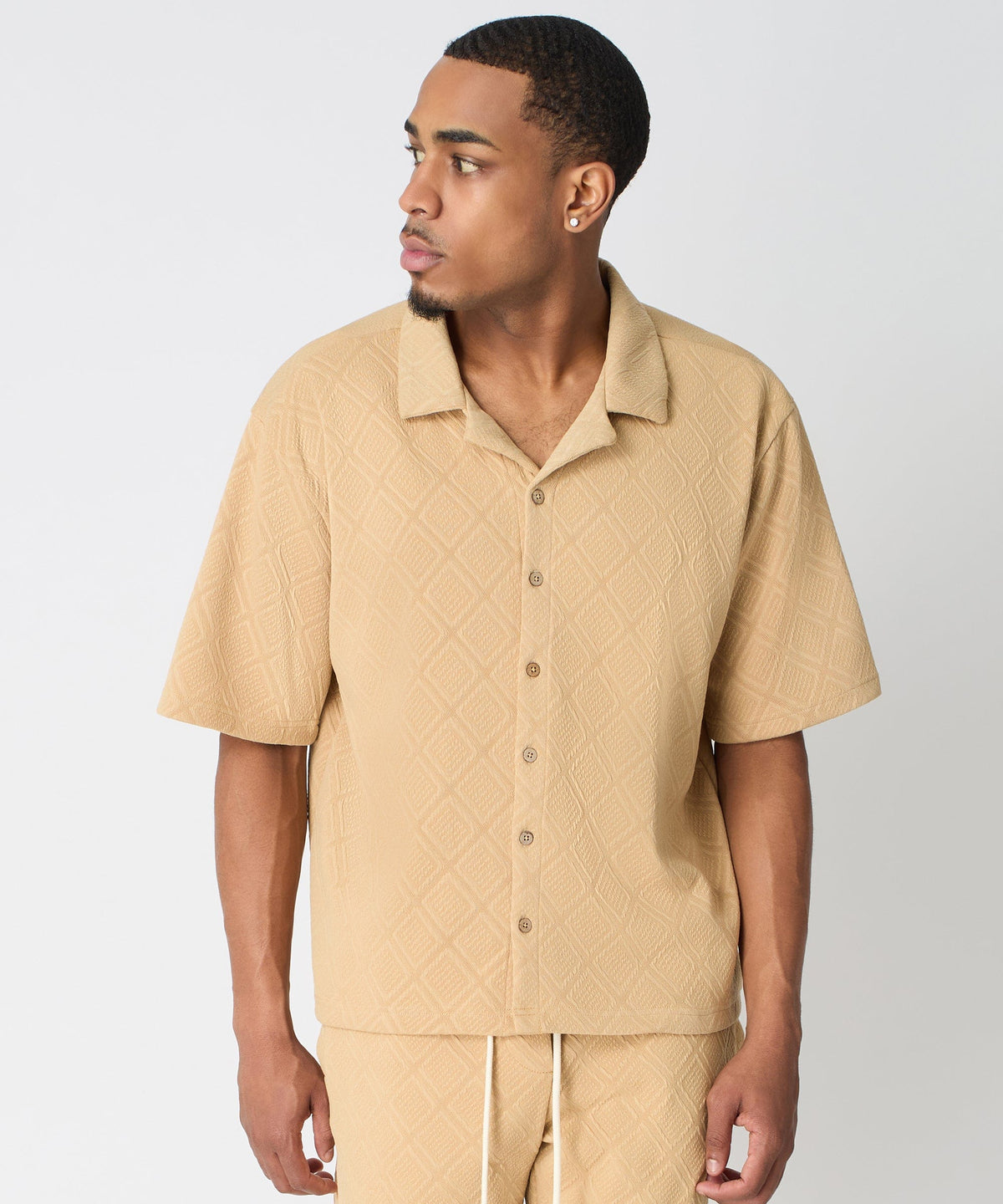 Reason Clothing Latest | Diamond Pattern Textured Knit Button-Down Shirt - Taupe