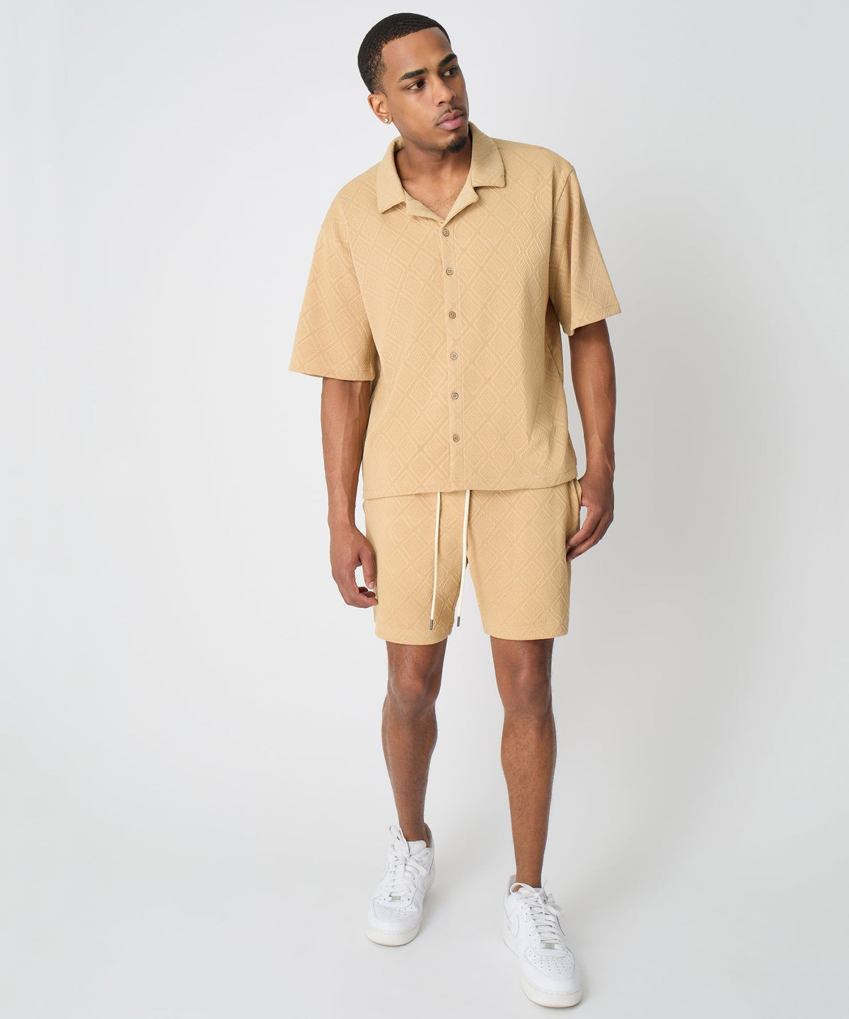 Reason Clothing Latest | Diamond Pattern Textured Knit Button-Down Shirt - Taupe