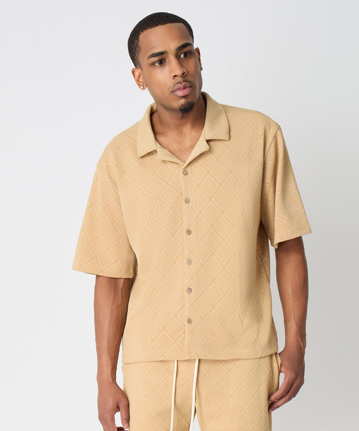 Reason Clothing Latest | Diamond Pattern Textured Knit Button-Down Shirt - Taupe