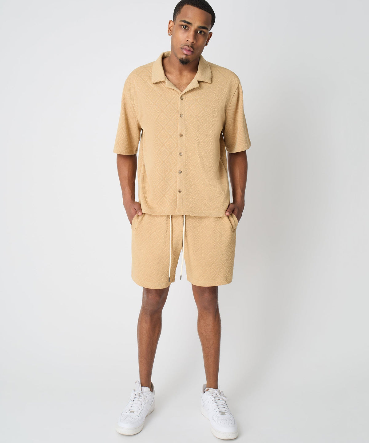 Reason Clothing Latest | Diamond Pattern Textured Knit Button-Down Shirt - Taupe